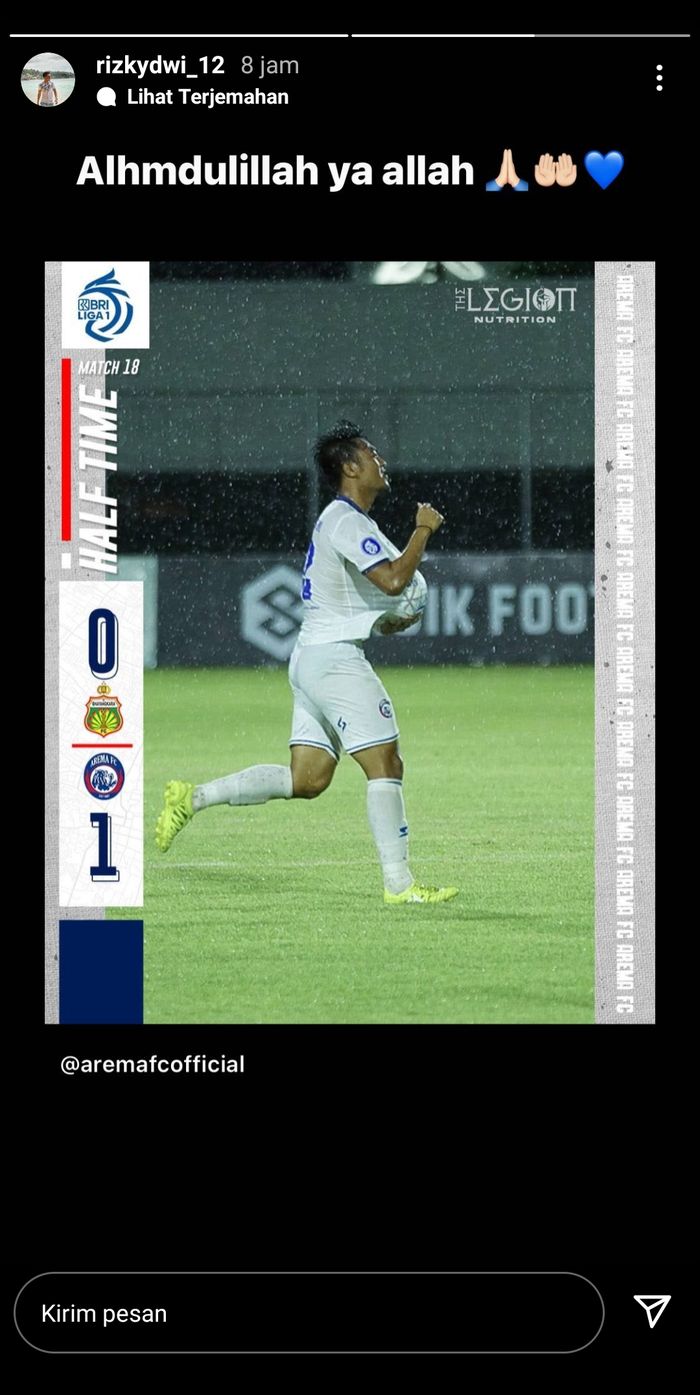 Instastory pemain timnas Indonesia, Rizky Dwi Febrianto usai membawa klubnya, Arema FC menang 1-0 atas Bhayangkara FC.