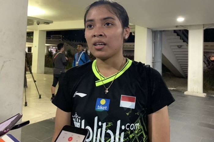 Pemain tunggal putri Indonesia, Gregoria Mariska Tunjung, usai bertanding pada babak pertama Indonesia Masters 2020 di Istora Senayan, Jakarta, Rabu (15/1/2020)