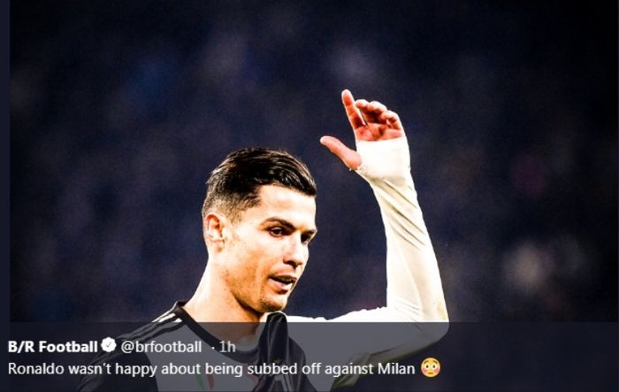Ekspresi megabintang Juventus, Cristiano Ronaldo, dalam laga kontra AC Milan di Allianz Stadium, Minggu (10/11/2019).