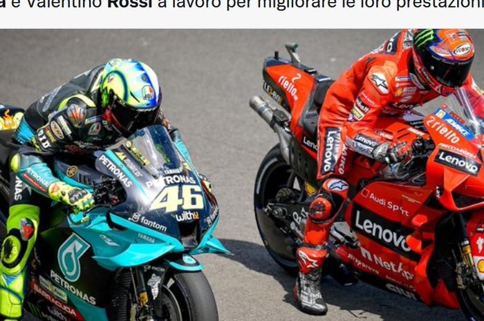 Pembalap Petronas Yamaha SRT, Valentino Rossi, dan pembalap Ducati, Francesco Bagnaia, yang merupakan anggota Akademi Pembalap VR46.