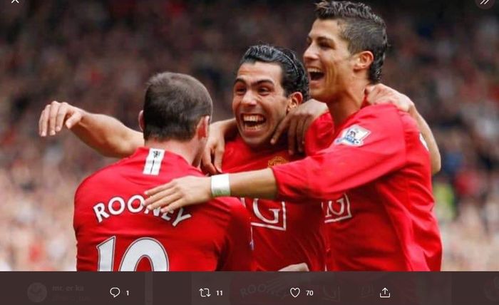 Trio Manchester United terganas di Liga Inggris, Cristiano Ronaldo, Wayne Rooney dan Carlos Tevez.