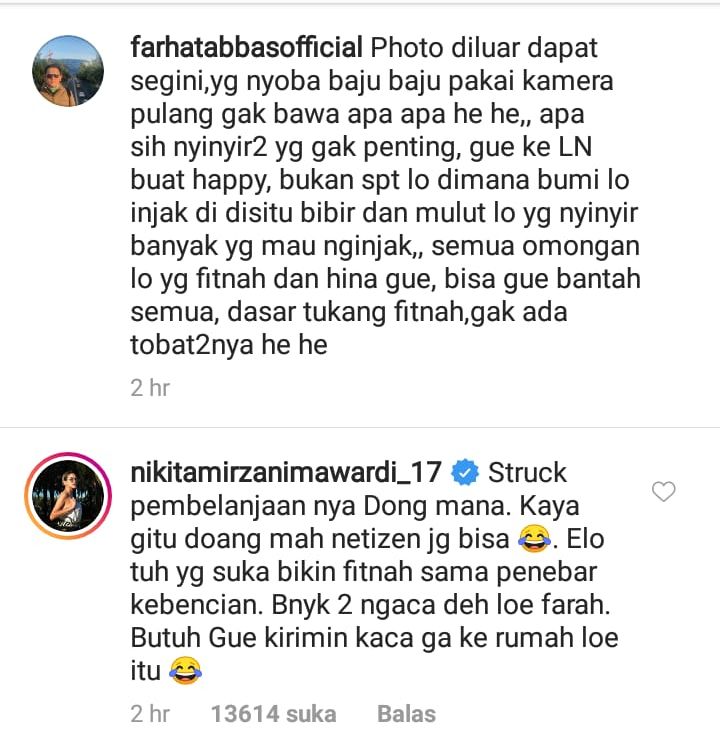 Balasan komentar Nikita Mirzani di Instagram Farhat Abbas