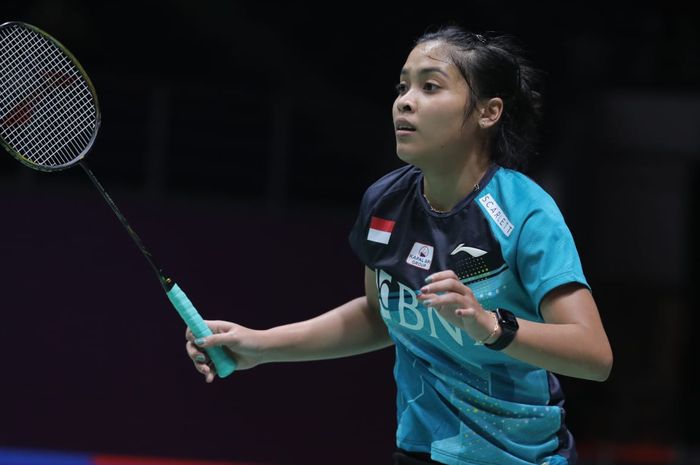 Tunggal putri Indonesia, Gregoria Mariska Tunjung, saat tampil melawan Akane Yamaguchi (Jepang) pada perempat final Malaysia Masters 2022 di Axiata Arena, Kuala Lumpur, Jumat (8/7/2022).
