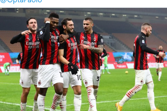 Momen perayaan gol yang dilakukan pemain AC Milan tak lama setelah Hakan Calhanoglu berhasil membobol gawang Lazio lewat titik putih dalam pertandingan pekan ke-14 Liga Italia 2020-20201.