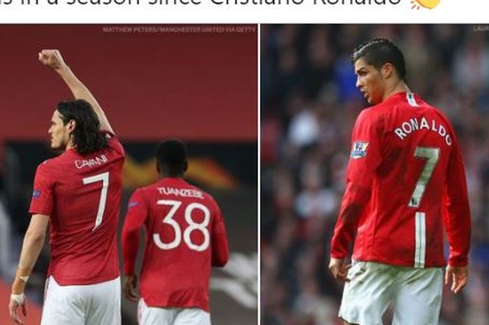 Edinson Cavani dan Cristiano Ronaldo sama-sama mengenakan nomor punggung 7 di Manchester United.