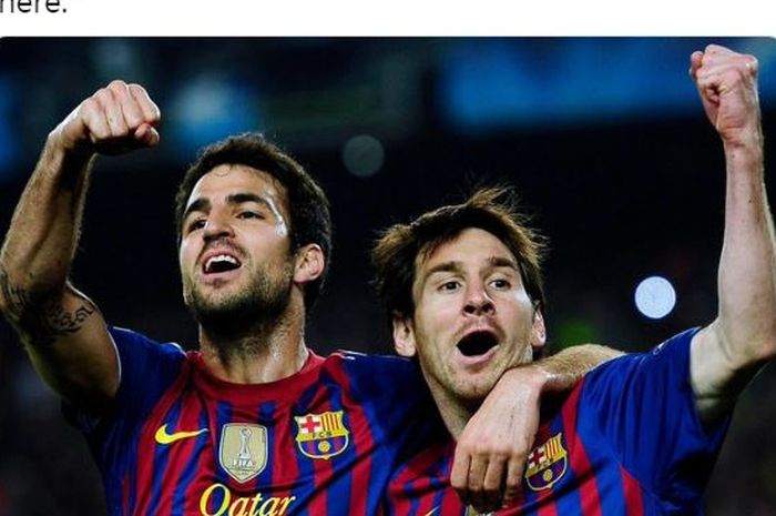Cesc Fabregas dan Lionel Messi melakukan selebrasi saat sama-sama membela Barcelona.