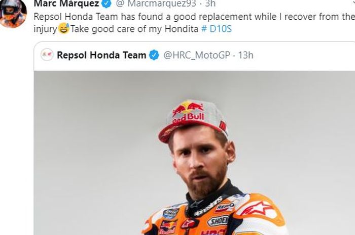 Reaksi pembalap Repsol Honda, Marc Marquez saat timnya siap menampung Lionel Messi