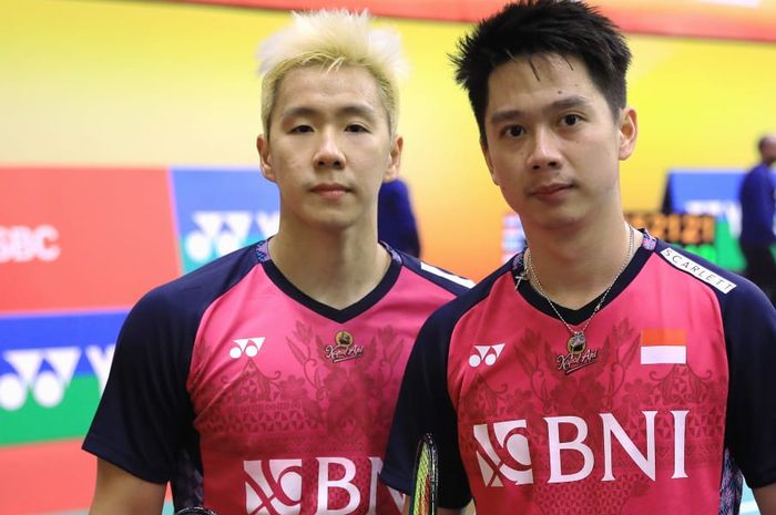 Ganda campuran Indonesia, Marcus Fernaldi Gideon/Kevin Sanjaya Sukamuljo usai melakoni babak pertama India Open 2023, Selasa (17/1/2023)