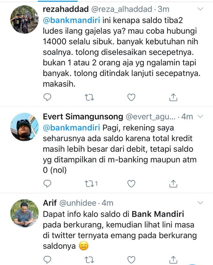 Keluhan para nasabah Bank Mandiri tentang jumlah saldo rekening.