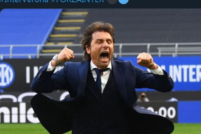 Reaksi pelatih Inter Milan, Antonio Conte, dalam duel Liga Italia kontra Verona, 25 April 2021.