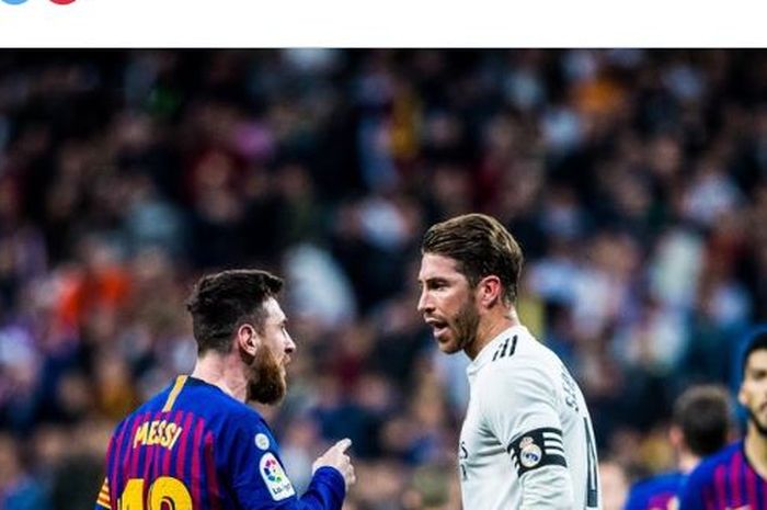 Megabintang Barcelona, Lionel Messi (kiri), berdebat dengan kapten Real Madrid, Sergio Ramos.
