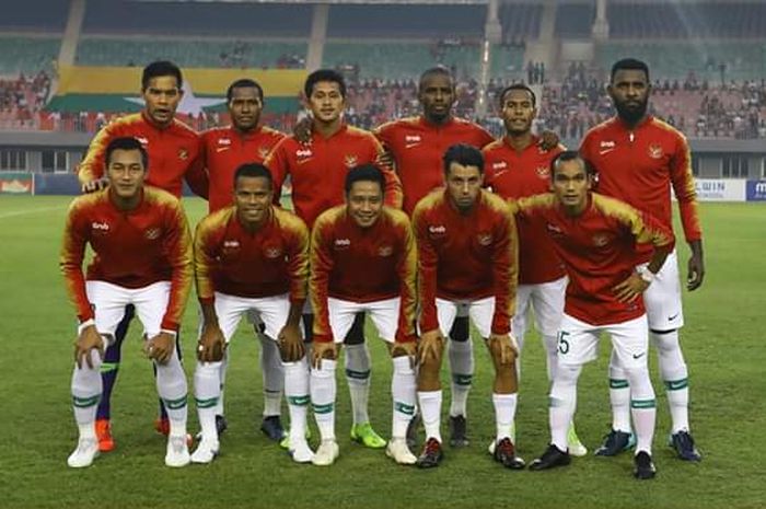 Skuat timnas Indonesia pada laga uji coba kontra timnas Myanmar di Stadion Mandalarthiri, Mandalay, Myanmar, Senin (25/3/2019).