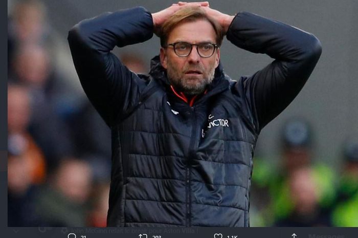 Reaksi pelatih Liverpool, Juergen Klopp, setelah timnya kalah telak dari Aston Villa.