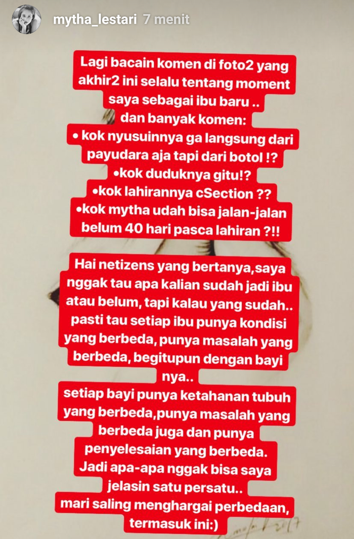 Ungkapan Mytha Lestari terkait komentar warganet - instagram.com/mytha_lestari