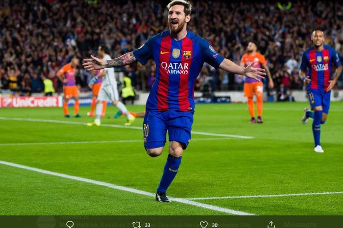 Lionel Messi merayakan golnya saat Barcelona melawan Manchester City.