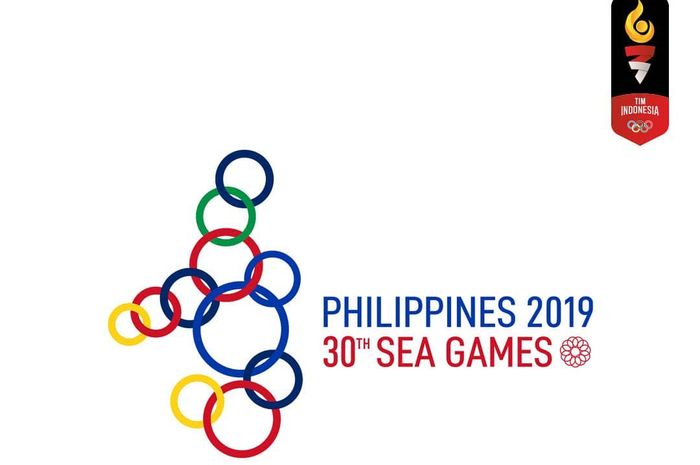 Logo Kontingen Indonesia (pojok kanan atas) dan logo SEA Games Filipina 2019 