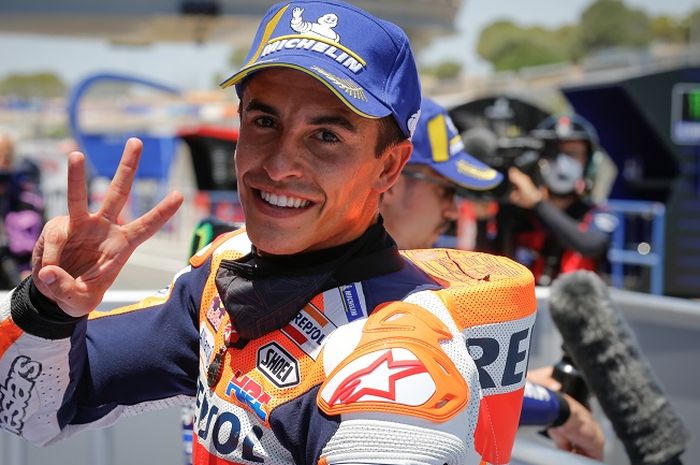 Pembalap Repsol Honda, Marc Marquez, meraih posisi start ketiga pada kualifikasi MotoGP Spanyol di Sirkuit Jerez, Spanyol, 18 Juli 2020.
