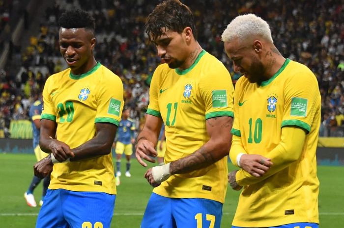 Dari kanan ke kiri: Neymar, Lucas Paqueta, Vinicius Jr., bakal memimpin serangan timnas Brasil di Piala Dunia 2022.