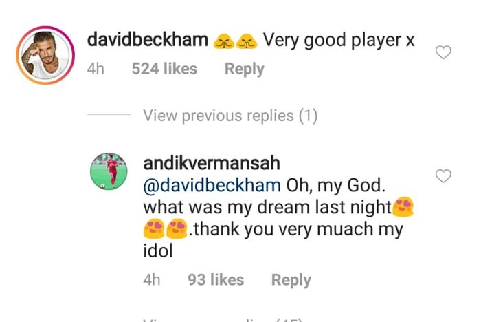 Komentar Beckham di akun fans Garudatotalitas 