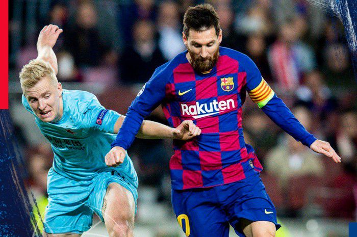 Megabintang Barcelona, Lionel Messi (kanan), beraksi dalam laga Grup F Liga Champions kontra Slavia Praha di Stadion Camp Nou, Selasa (5/11/2019).