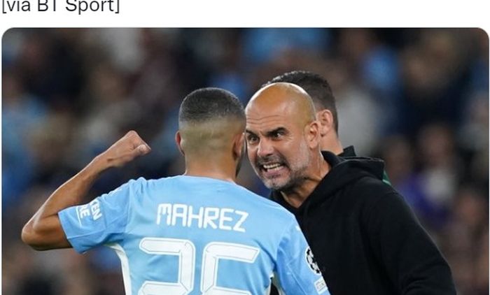 Pelatih Manchester City, Pep Guardiola, sedang mengomeli Riyad Mahrez.