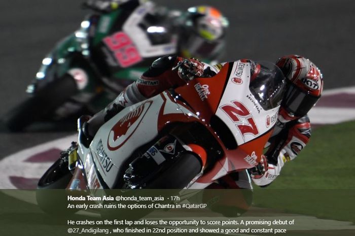 Aksi pembalap asal Indonesia, Andi Gilang, pada seri perdana Moto2 2020 di Sirkuit Losail, Qatar, Minggu (8/3/2020)
