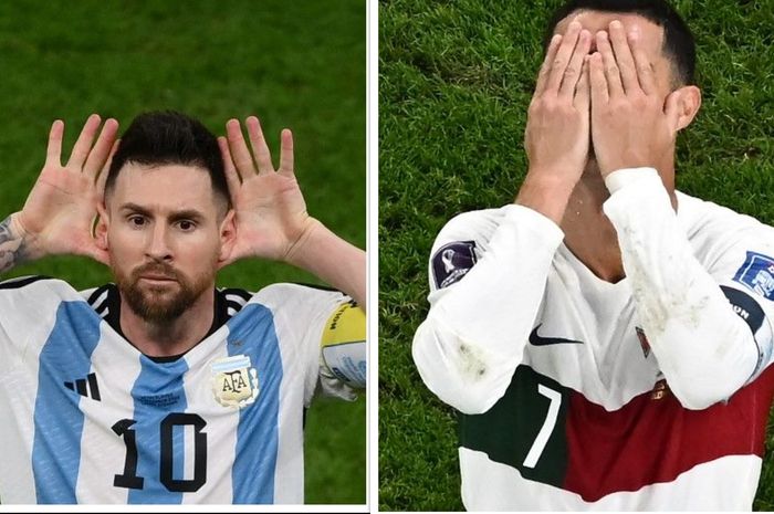 Cristiano Ronaldo (kanan) gagal menyusul Lionel Messi lolos ke semifinal Piala Dunia 2022.