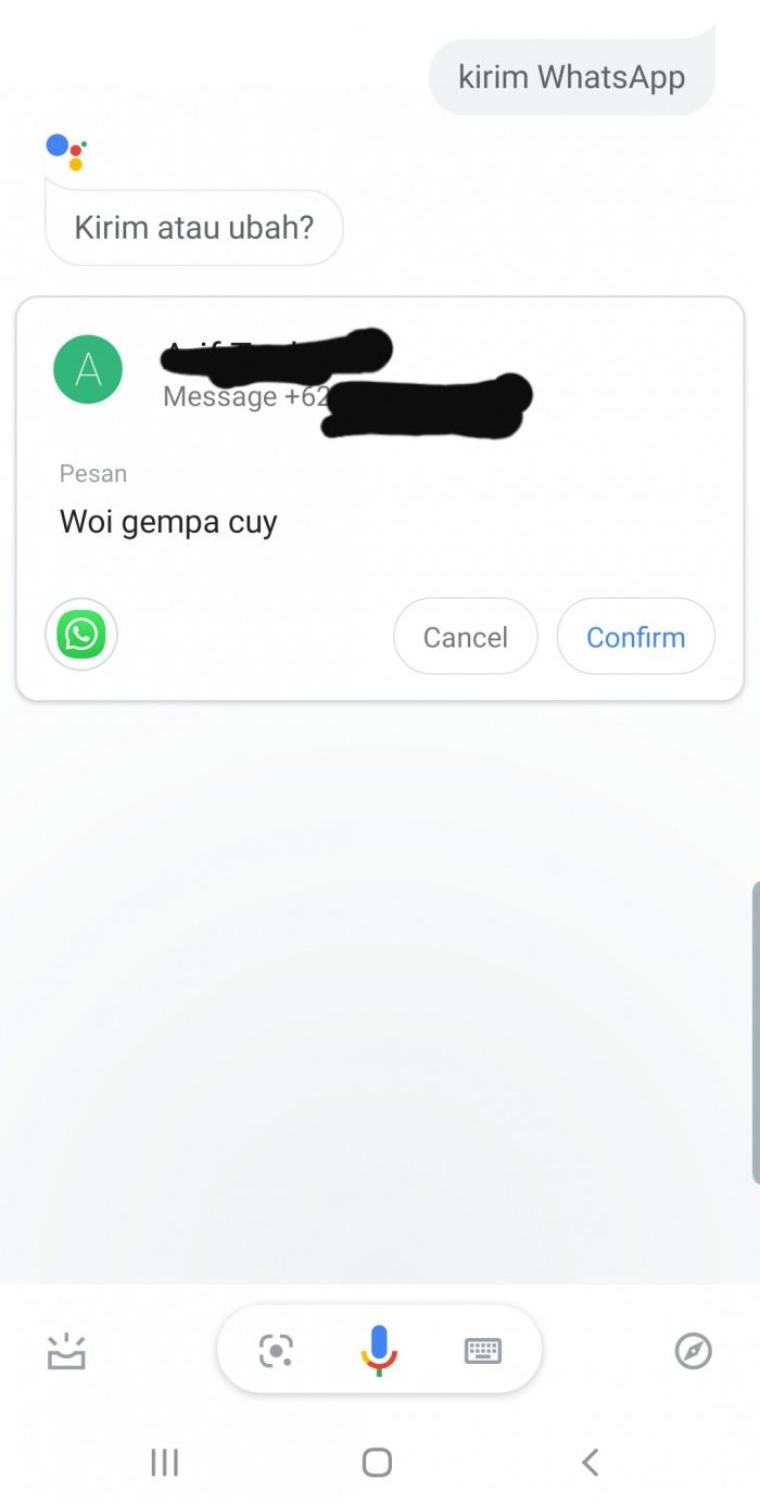 Bentuk fitur Google Assistant untuk mengirim pesan WhatsApp
