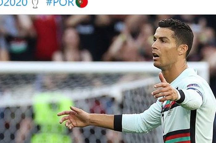 Ekspresi megabintang timnas Portugal, Cristiano Ronaldo, dalam laga Grup F EURO 2020 kontra timnas Hungaria di Stadion Puskas Arena, Selasa (15/6/2021).
