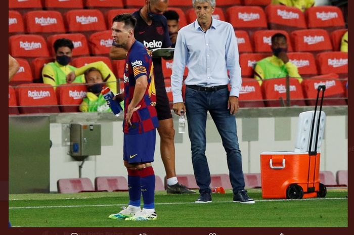Bintang Barcelona, Lionel Messi, dan pelatih Quique Setien.