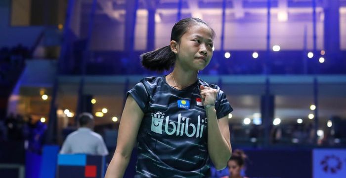 Ekspresi pemain tunggal putri Indonesia, Fitriani, pada babak pertama French Open 2019 di Paris, Prancis, Rabu (23/10/2019).