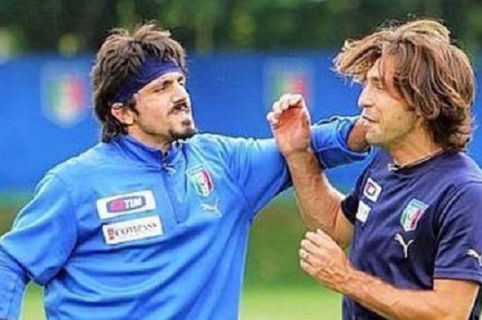 Dua mantan pemain AC Milan, Gennaro Gattuso (kiri) dan Andrea Pirlo (kanan).