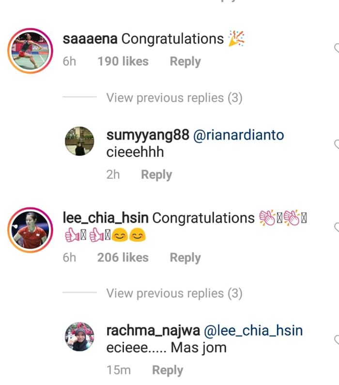 Komentar Saena Kawakami dan Lee Chia Hsin di kolom komentar Rian