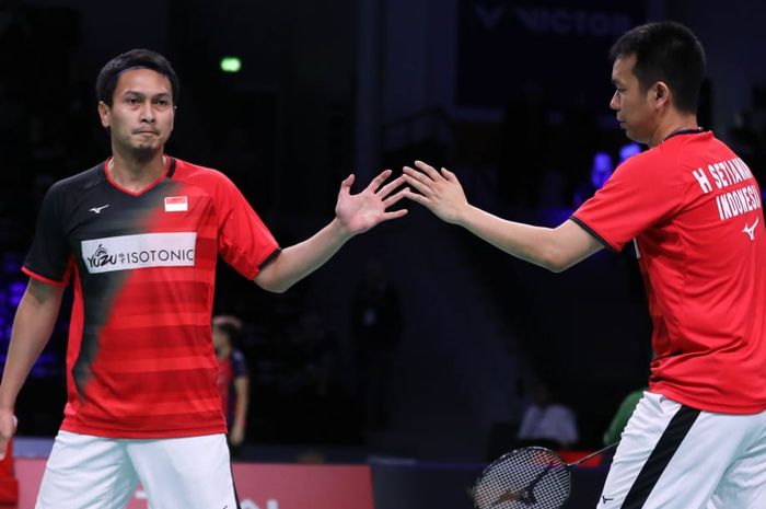 Pasangan ganda putra Indonesia, Mohammad Ahsan/Hendra Setiawan, menjalani laga babak kedua Denmark Open 2019 di Odense Sportspark, Kamis (17/10/2019).