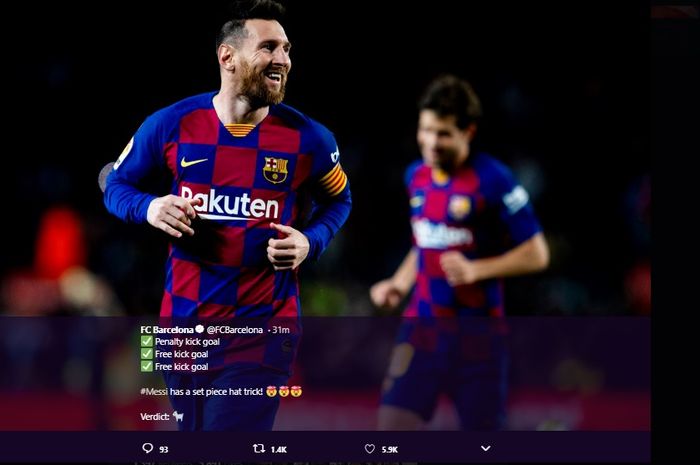 Selebrasi Lionel Messi usai mencetak gol ke gawang Celta Vigo di Stadion Camp Nou, pada laga pekan ke-13 Liga Spanyol, Sabtu (9/11/2019) atau Minggu dini hari WIB.