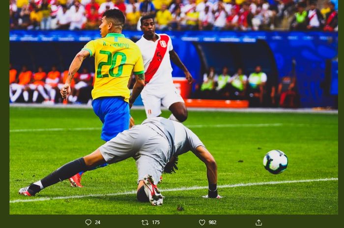 Roberto Firmino, saat mencetak satu gol dalam kemenangan 5-0 Brasil atas Peru pada laga terakhir grup A Copa America 2019, di Arena Corinthians, Sabtu (22/6/2019) waktu setempat atau Minggu pagi WIB.