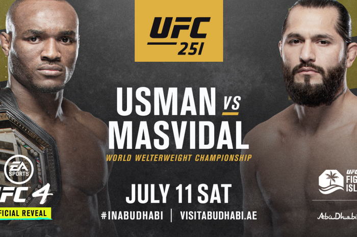 Poster pertarungan Kamaru Usman vs Jorge Masvidal dalam ajang UFC 251 di UFC Fight Island, Yas Island, Abu Dhabi, Uni Emirat Arab, Sabtu (11/7/2020). 