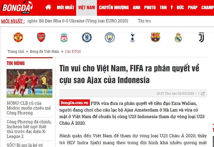 Media Vietnam, Bongda, turut mewartakan soal kasus larangan Ezra Walian.