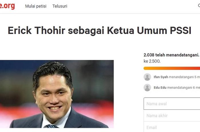 Lebih dari 2.000 orang teken petisi agar Erick Thohir jadi Ketua Umum PSSI.