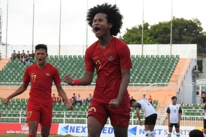 Pemain timnas U-18 Indonesia, Bagus Kahfi, merayakan gol ke gawang Laos  pada pertandingan keempat Grup A Piala AFF U-15 digelar pada hari Senin (12/8/2019).