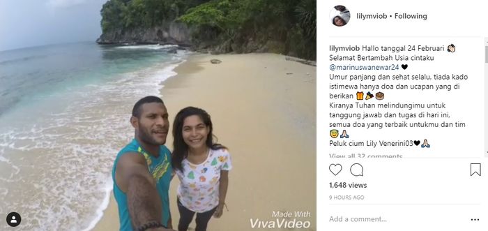 Postingan kekasih Marinus Wanewar di media sosial Instagram yang diunggah pada, Minggu (24/2/2019).