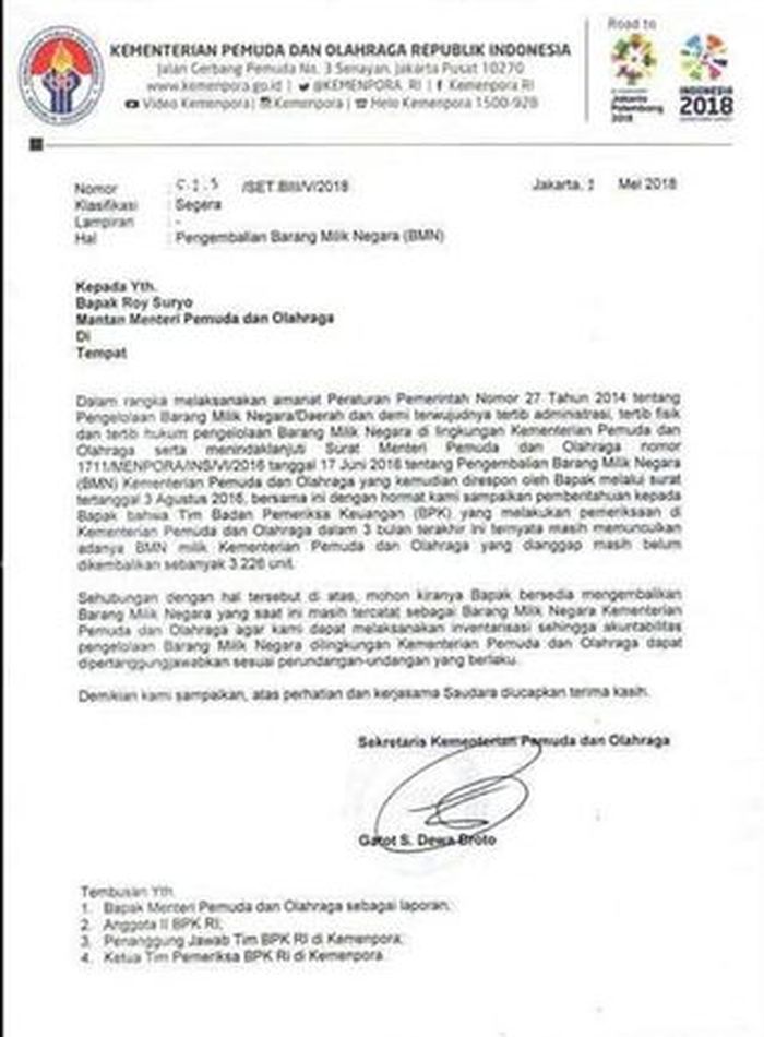 surat Kemenpora untuk Roy Suryo