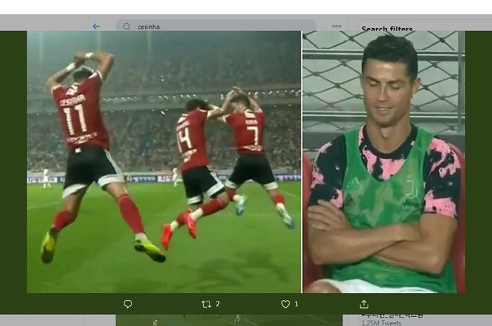 Cristiano Ronaldo cuma menyeringai menyaksikan Cesinha dan rekannya menirukan selebrasi &quot;SIUU&quot; saat Juventus ditahan imbang 3-3 melawan K-League All Stars di Seoul World Stadium, Jumat (26/72019).