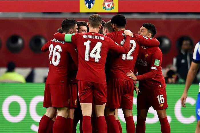 Para pemain Liverpool merayakan gol yang dicetak ke gawang Monterrey dalam laga Piala Dunia Klub di Stadion Khalifa International, Rabu (18/12/2019).