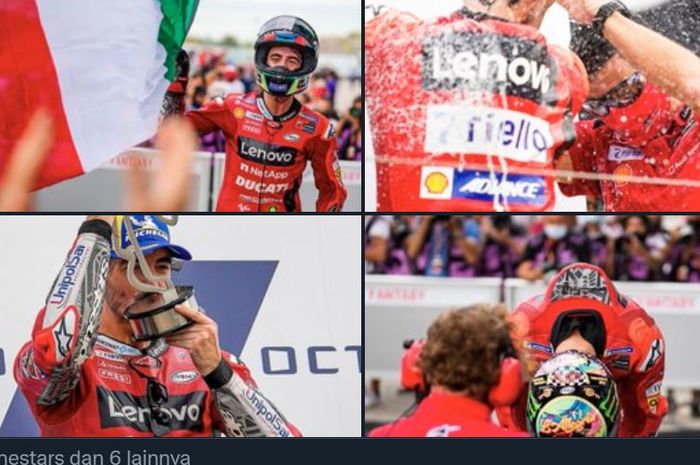 Kompilasi foto-foto Francesco Bagnaia saat memenangkan balapan MotoGP San Marino 2021 di Sirkuit Misano, Italia, Minggu (19/9/2021).