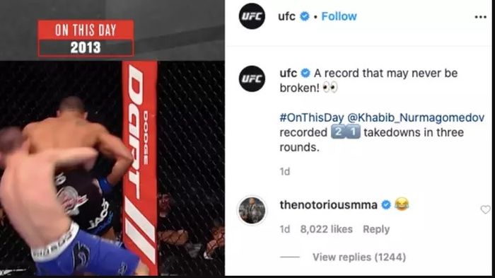 Conor McGregor meninggalkan emoji tertawa di akun Instagaram UFC seolah mengejek Khabib Nurmagomedov.
