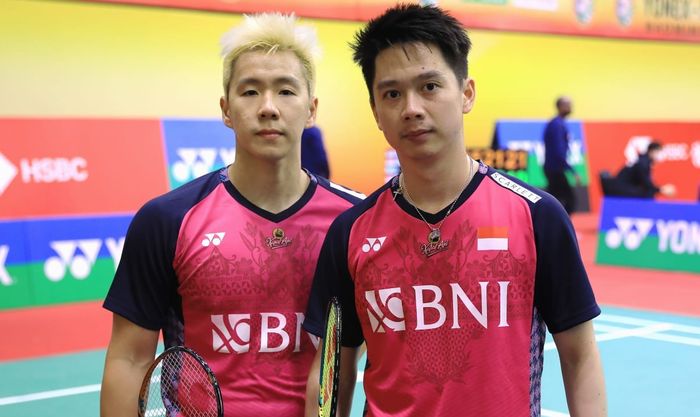 Ganda putra Indonesia, Marcus Fernaldi Gideon/Kevin Sanjaya Sukamuljo usai melakoni babak pertama India Open 2023, Selasa (17/1/2023)