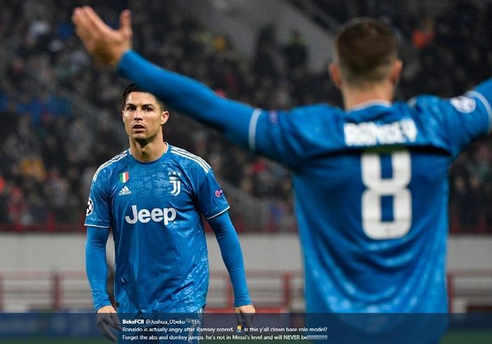 Ekspresi Cristiano Ronaldo setelah golnya diserobot Aaron Ramsey.