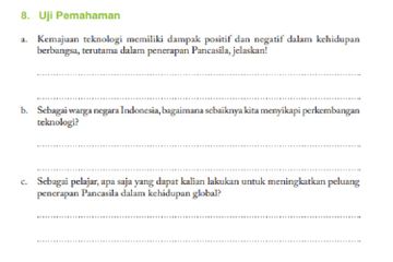 (tangkapan layar) Terdapat soal Uji Pemahaman Bagian 1 Unit 3 'Peluang dan Tantangan Penerapan Pancasila dalam Kehidupan Global' di halaman 57-58.