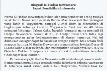 Jawaban soal teks biografi 'Biografi Ki Hadjar Dewantara: Bapak Pendidikan Indonesia' di halaman 122-123.